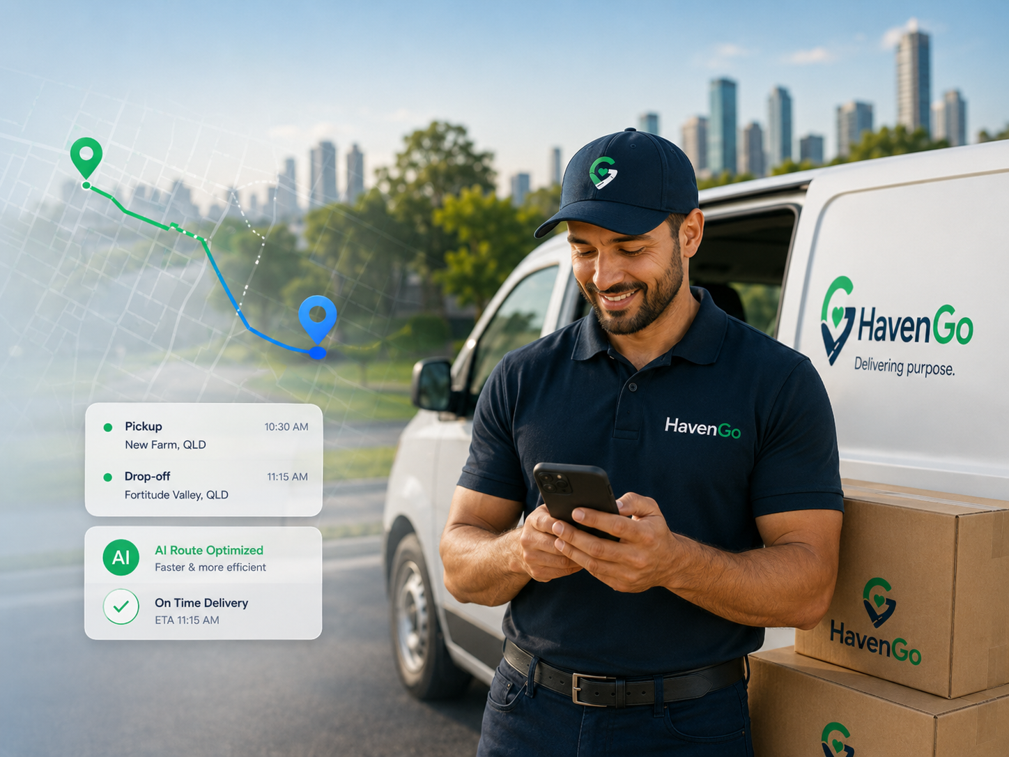 A HavenGo driver using the delivery app beside a HavenGo van
